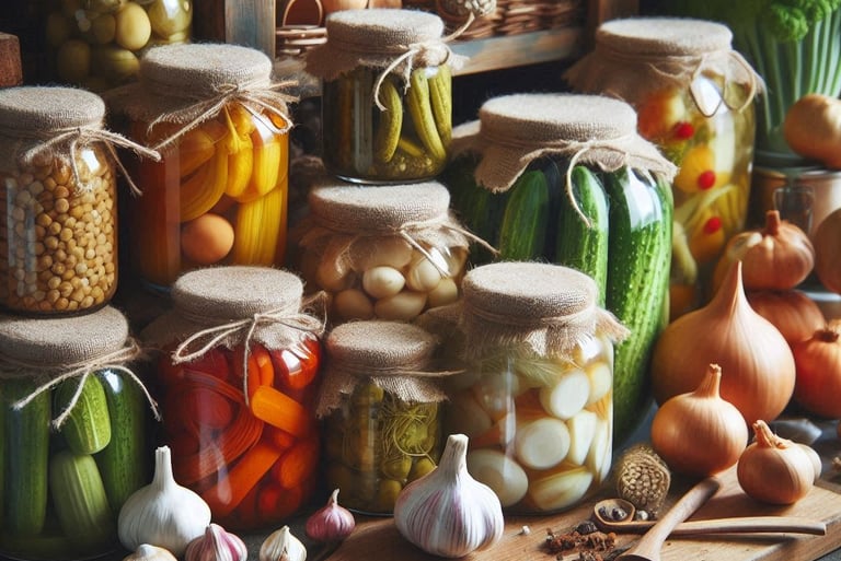 variety pf canned vegetables in glass jars