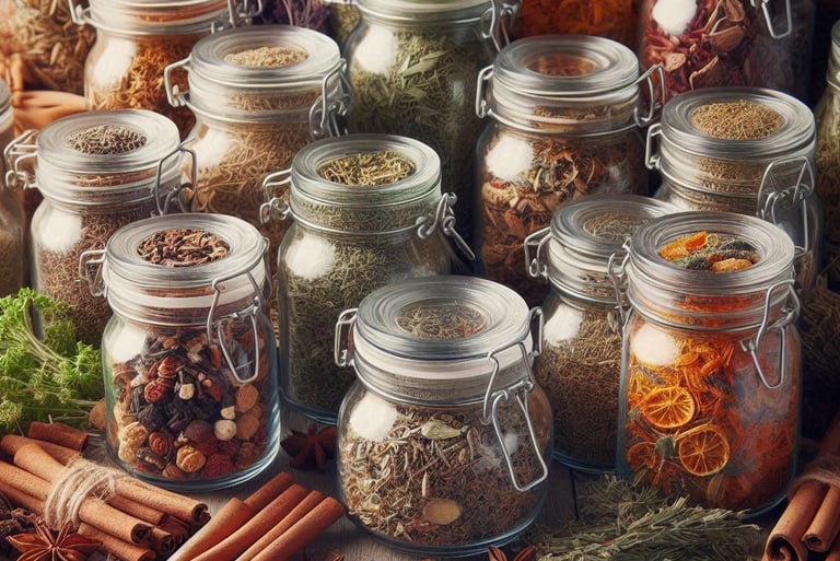 variety of preserved herbs and dried fruits in glass jars
