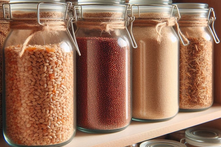 cleaned grains in glass jars in a cupboard