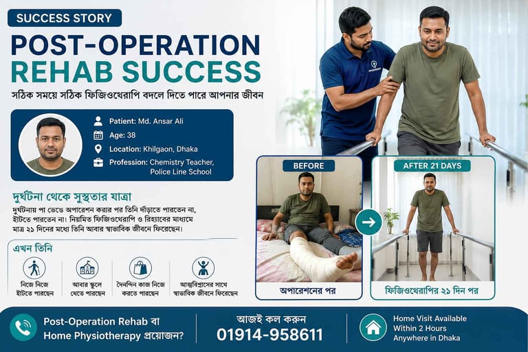 Post operation physiotherapy rehab success story of patient recovery and walking improvement in Dhak