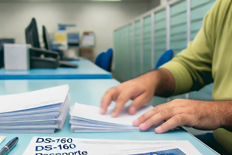 Pessoa organizando documentos necessários para entrevista de visto americano, incluindo DS-160 e pas