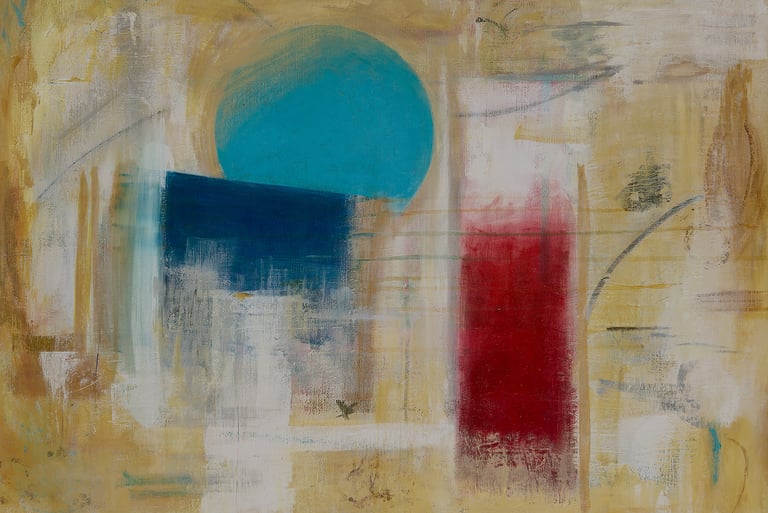 Abstract artwork with tan background and a cerulean sphere, red and blue rectangles.