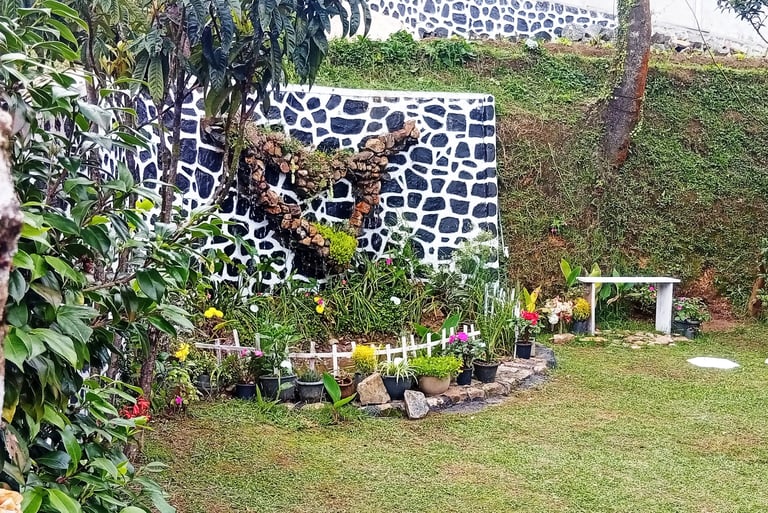 Garden at Nobel Bungalow Nuwara Eliya with Keena plant, flower beds, bench, and decorative pond