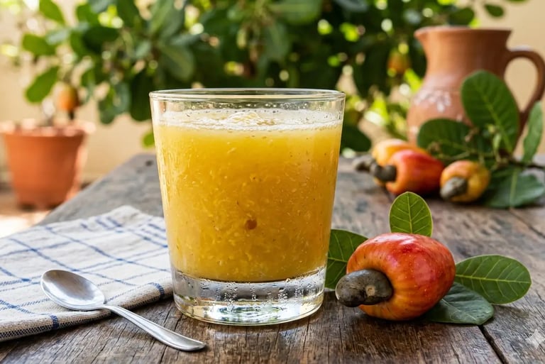 Suco de caju recém-batido em um copo sobre uma mesa rústica de madeira, com maçãs de caju inteiras.
