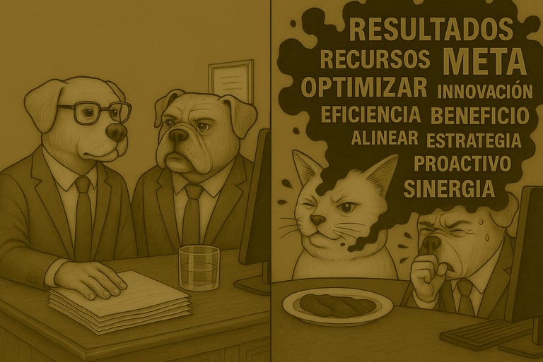 Ilustración satírica en tonos sepia dividida en dos paneles. A la izquierda, dos perros con traje y