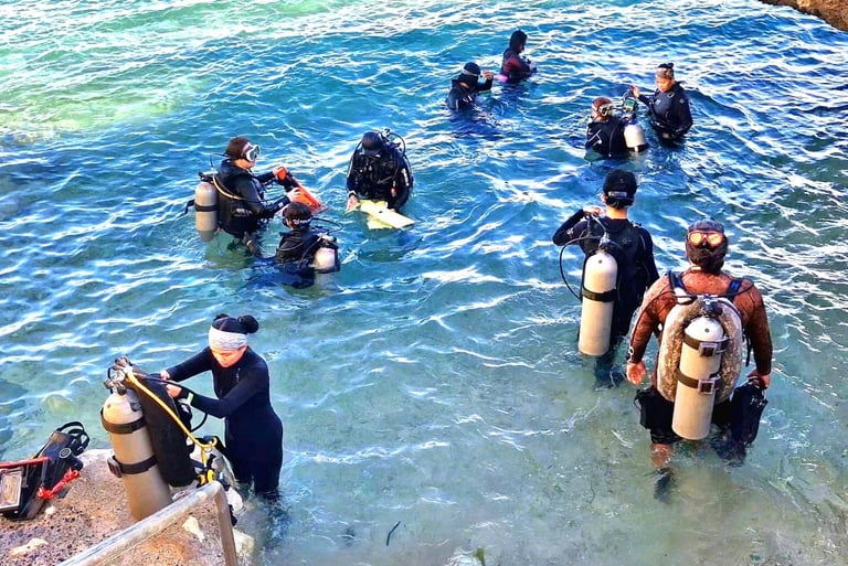 scuba divers going into the water in Mactan, Cebu