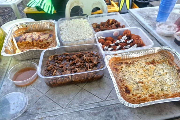 Lasagna, beef steak, chicken lollipop and rice for dive instructor Val birthday