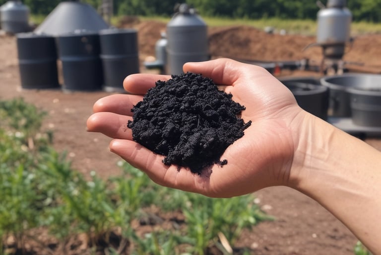 a person holding a handful of Biochar in their hands