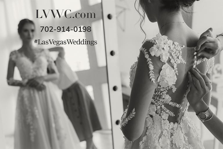 A bride gets help with her lace wedding dress in Las Vegas, featuring LVWC contact details.