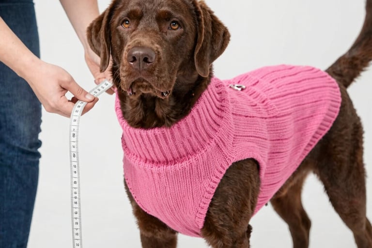 Labrador chocolate con un suéter tejido rosa para perro, siendo medido con una cinta métrica.