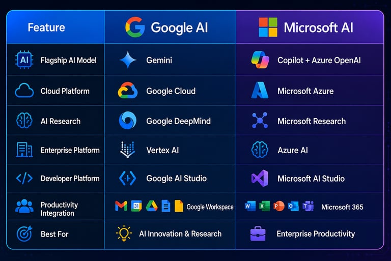 Comparison chart of Google AI vs Microsoft AI features including Gemini, Copilot, Azure, and Cloud platforms.
