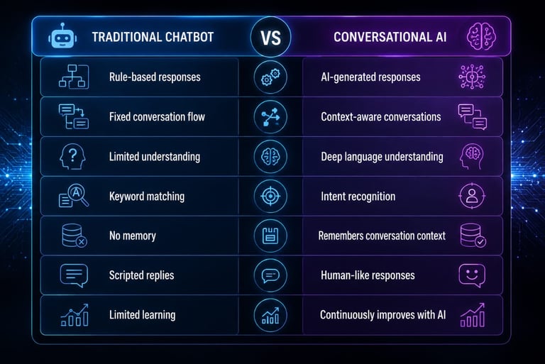 A comparison chart showing differences between a traditional chatbot and conversational AI technology.
