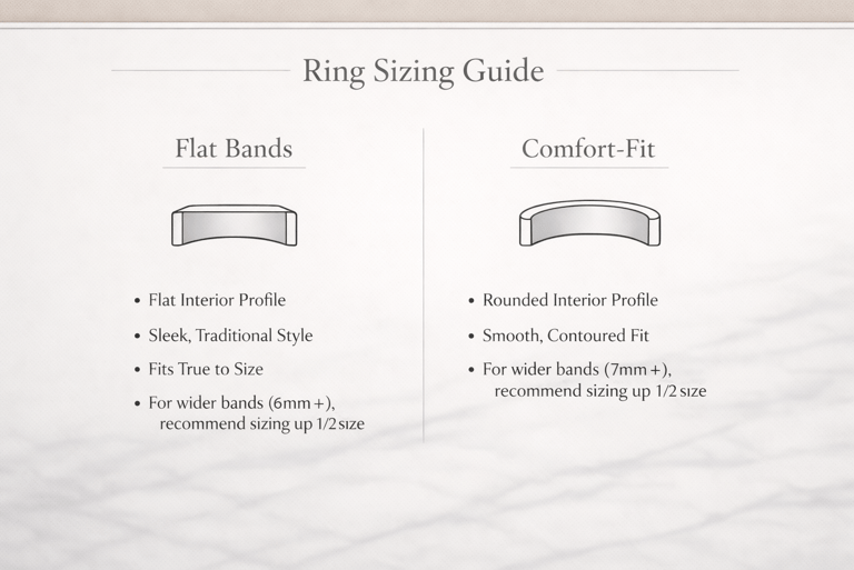 A ring sizing guide comparing flat bands with traditional interior profiles to rounded comfort-fit bands.