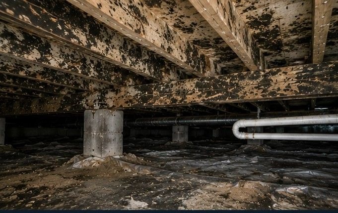 crawl space beneath Black Forest Colorado Springs forested lot property showing extensive mold growth on floor joists