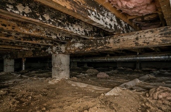 crawl space beneath Rockrimmon Colorado Springs mid century home showing moisture accumulation and mold growth on floor