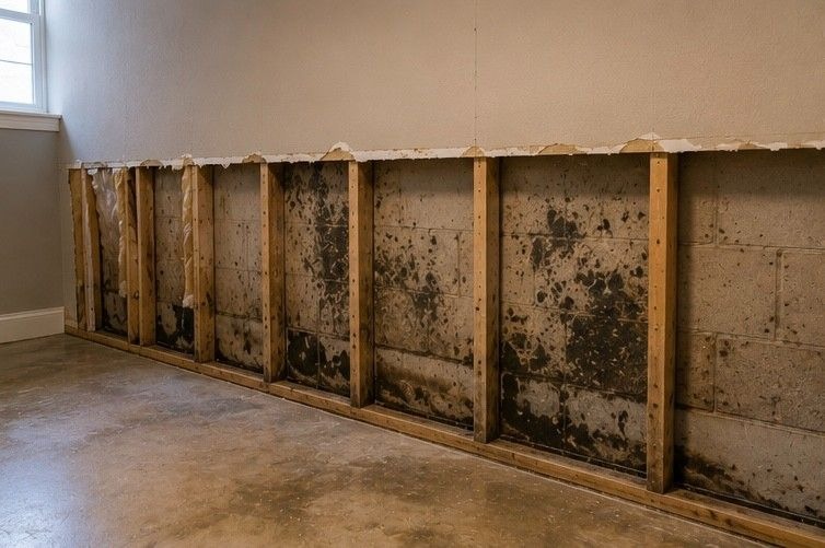finished basement wall in Briargate Colorado Springs home showing moisture damage and mold growth behind drywall