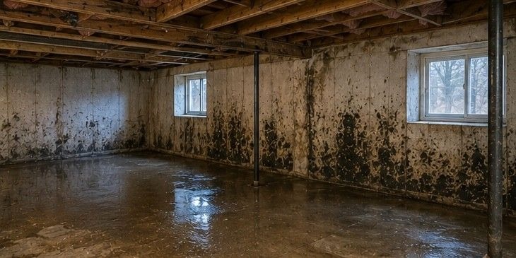 large basement space in Cheyenne Mountain Colorado Springs high value property showing moisture damage and mold growth