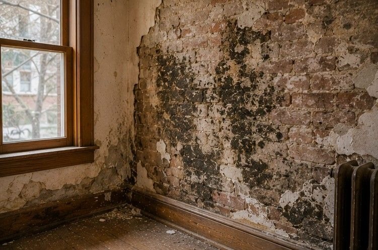 old Colorado City Colorado Springs historic property showing moisture damaged brick wall and mold growth inside Victorian era