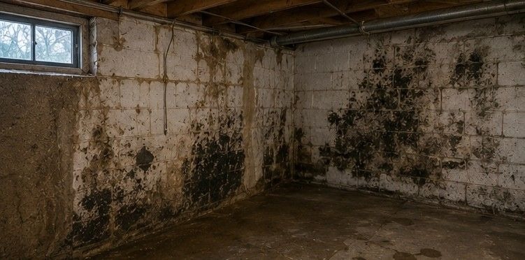 older Fountain Colorado Springs home showing moisture damaged basement wall and visible mold growth caused by deferred
