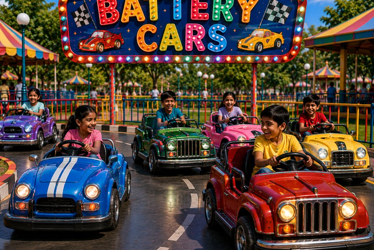 Happy children driving colorful electric battery cars at a sunny amusement park track.