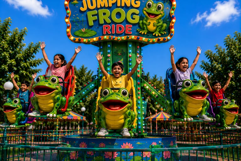 Happy children cheering on the Jumping Frog Ride at an outdoor amusement park under a blue sky.