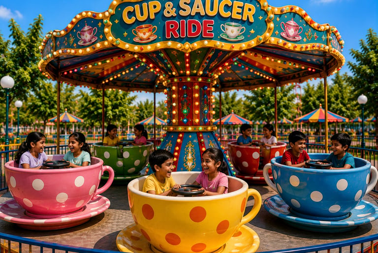 Smiling children enjoying a colorful spinning cup and saucer ride at a sunny outdoor amusement park.