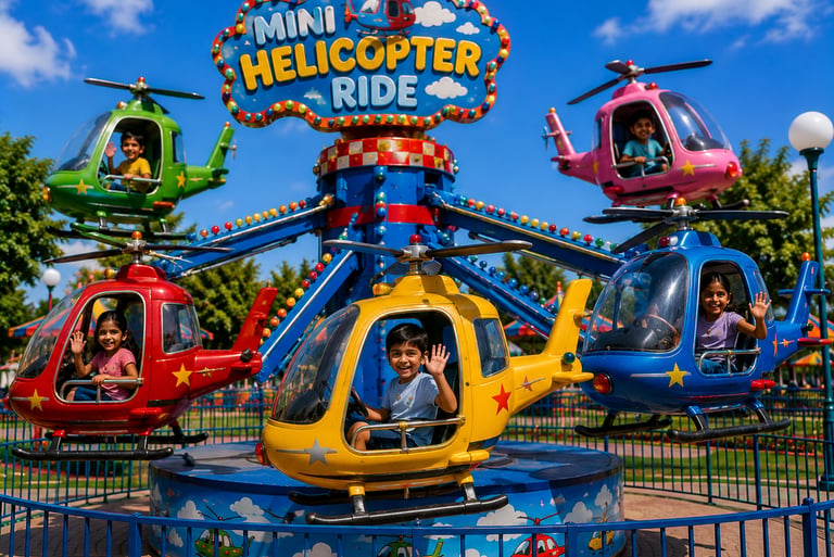 Happy children enjoying a colorful mini helicopter ride at an outdoor amusement park.