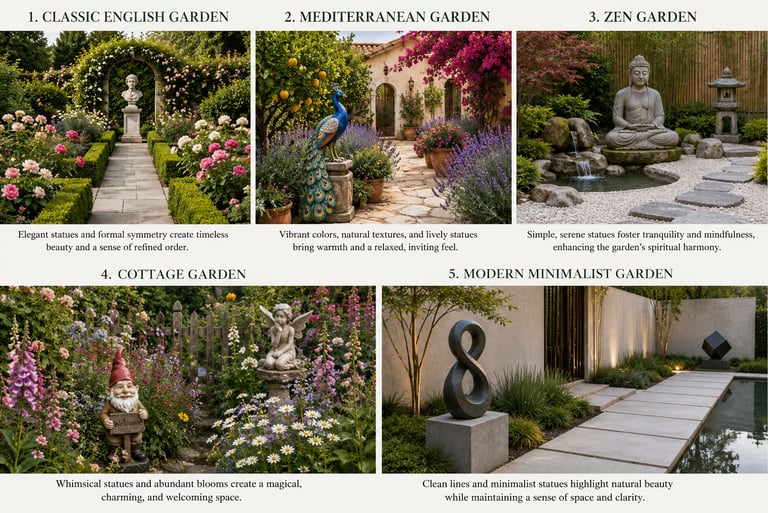 Comparison of five garden styles including English, Mediterranean, Zen, Cottage, and Modern Minimalist landscapes.