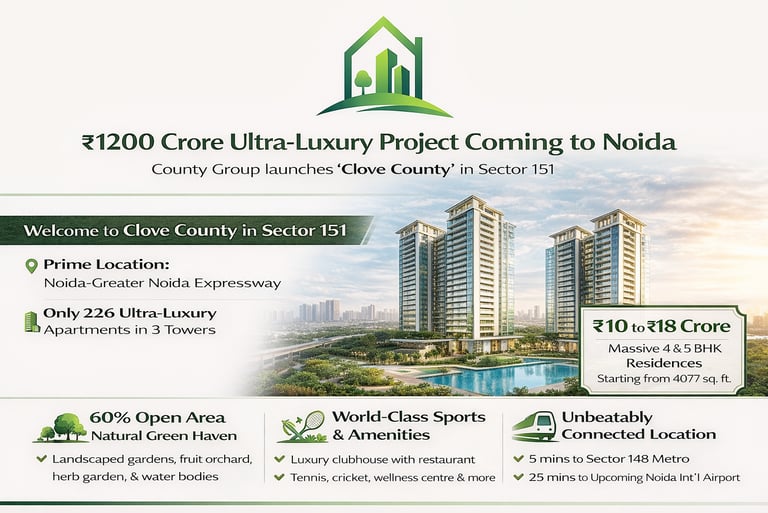 Luxury real estate advertisement for Clove County Sector 151 Noida featuring 4 and 5 BHK apartments.