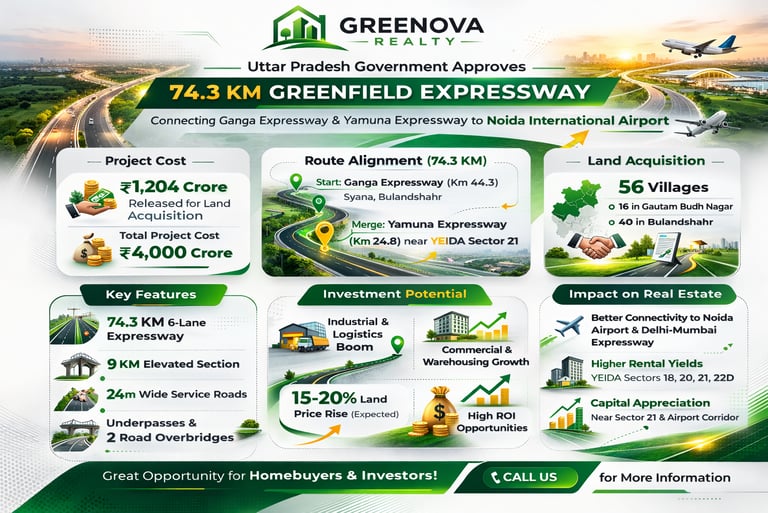 Greenova Realty infographic for the 74.3 km Greenfield Expressway project connecting to Noida International Airport.