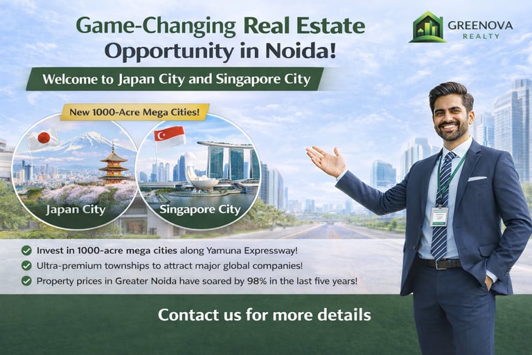 Real estate investment advertisement for Japan City and Singapore City mega townships in Noida.