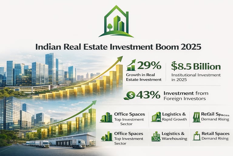 Infographic showing the 2025 Indian real estate investment boom with statistics on institutional and foreign growth.