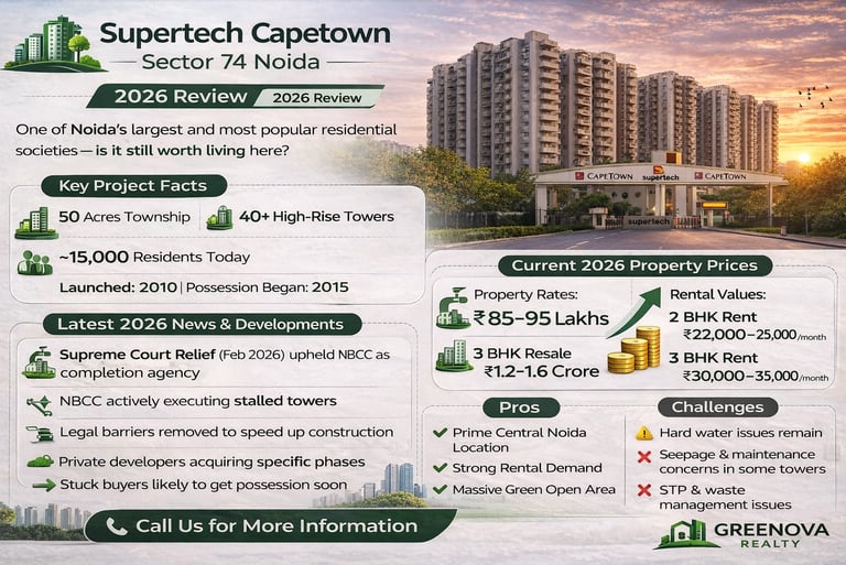 Supertech Capetown Sector 74 Noida 2026 review showing property prices, flat rent details, and high-rise towers.