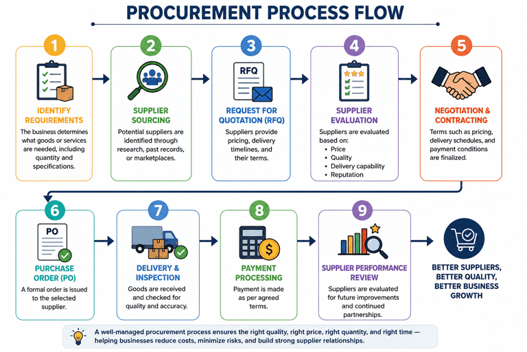 Procurement process flow diagram showing 9 steps