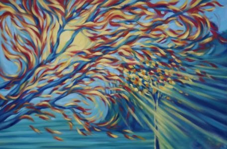 art, acrylic painting, abstract realism, expressive Autumn tree