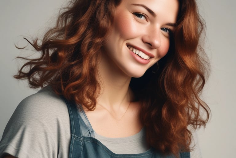 A friendly person smiling while using a laptop, symbolizing personal growth and discovery.