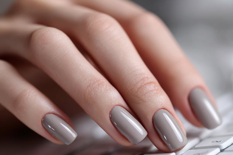 Minimal grey nude nails with thin French tips typing on a keyboard