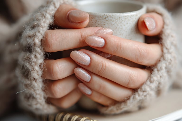 Hands holding a coffee cup with neutral nude almond nails in cozy winter light