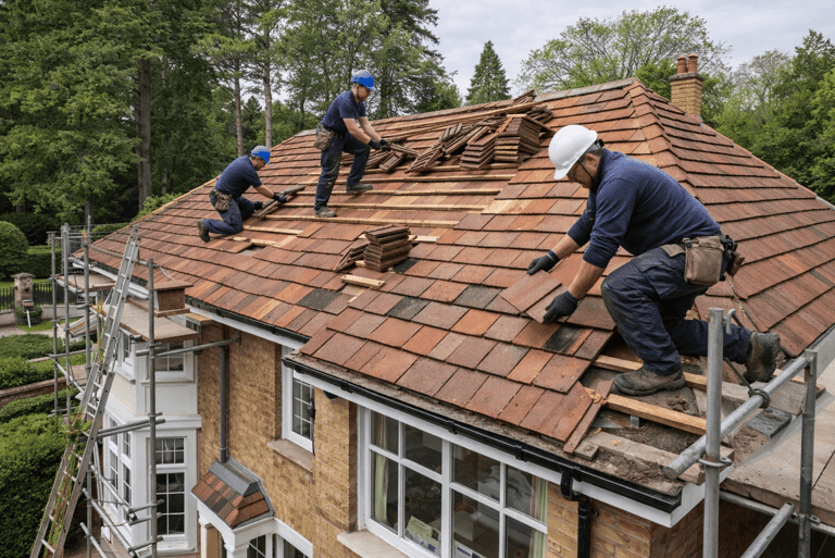 Professional roofers carrying out roof work on residential property in Weybridge, Surrey