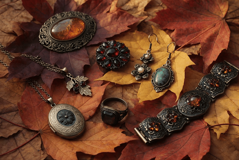 Vintage bohemian jewelry including amber brooches and turquoise earrings on a bed of autumn maple leaves.