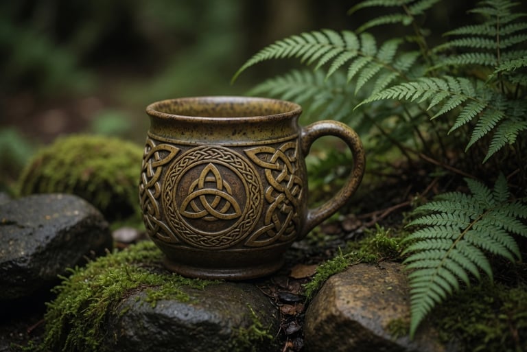 Handmade ceramic mug with Celtic knot and triquetra design on mossy forest rocks.