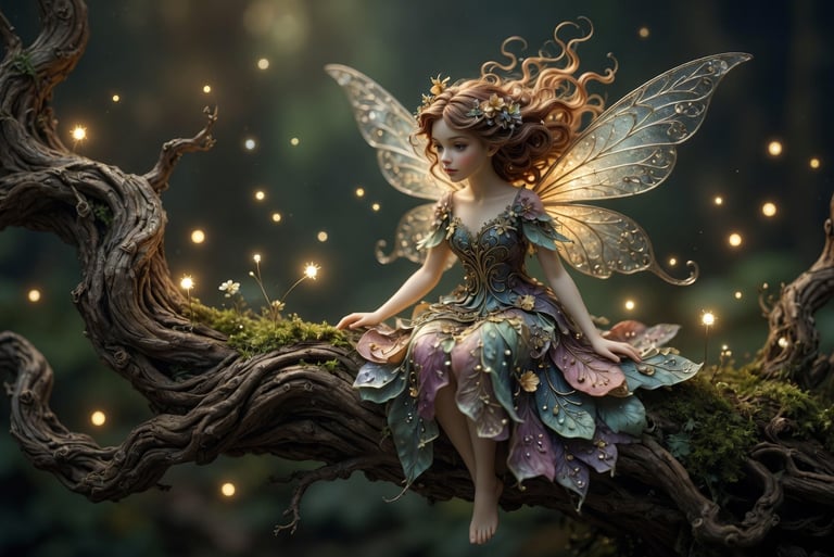 Magical forest fairy with iridescent wings sitting on a mossy tree branch surrounded by glowing fireflies.