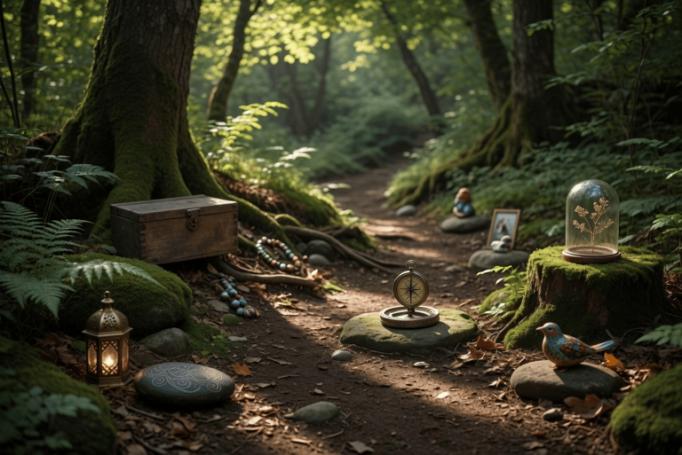 Magical forest path featuring a vintage compass, wooden treasure chest, and lantern on mossy ground.