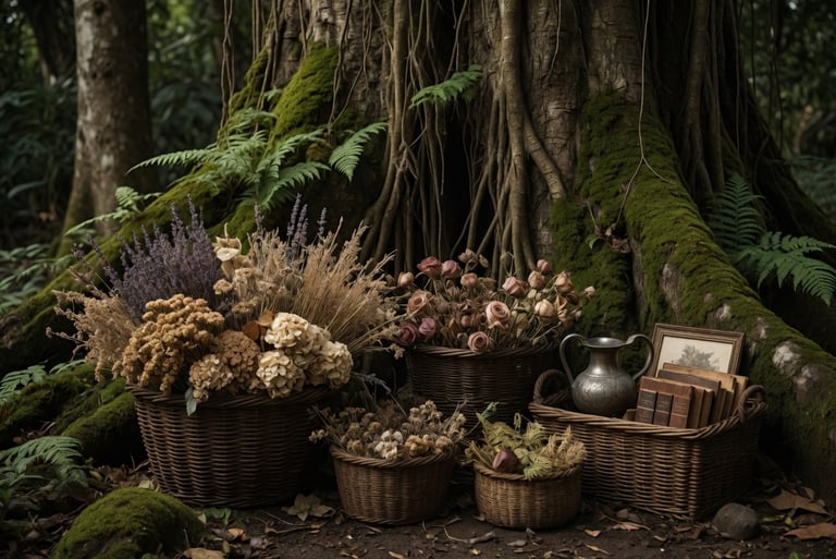 Rustic wicker baskets filled with dried flowers and vintage books beneath a mossy forest tree.