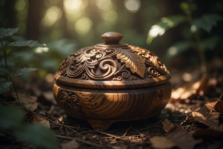 Hand-carved decorative wooden bowl with ornate lid resting on a forest floor with soft sunlight.