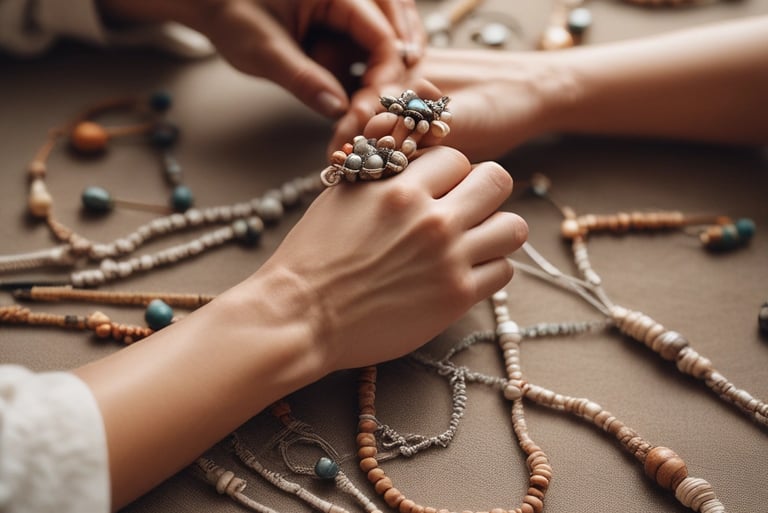 Manos artesanas elaborando joyas boho hechas a mano con cuentas naturales