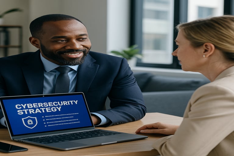 vCISO providing cybersecurity strategy guidance to a small business owner.