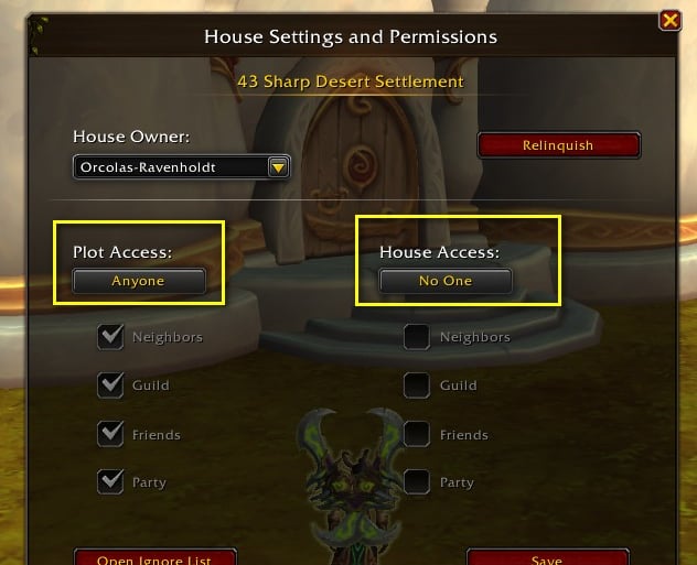 wow housing, housing settings and permissions, plot access, house access
