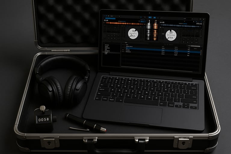 a laptop computer and headphones in a suitcase