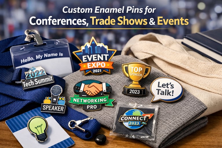 Custom enamel pins designed for conferences, trade shows, and events displayed on lanyards and bags